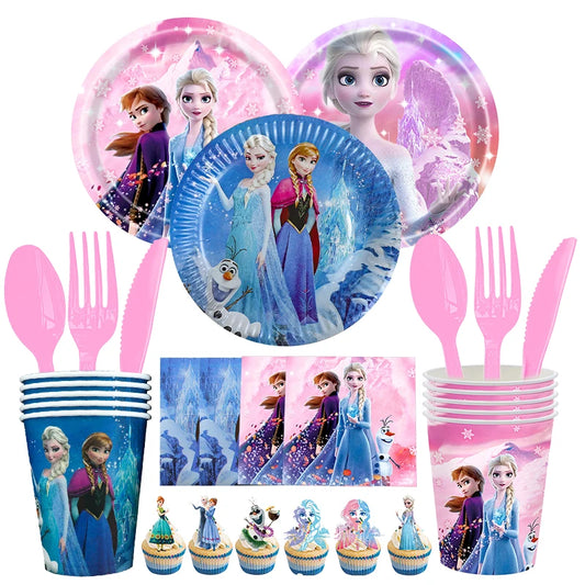 Disney Frozen Birthday Decorations Princess Anna Elsa Disposable Tableware Plates Cups Background Children's Party Supplies