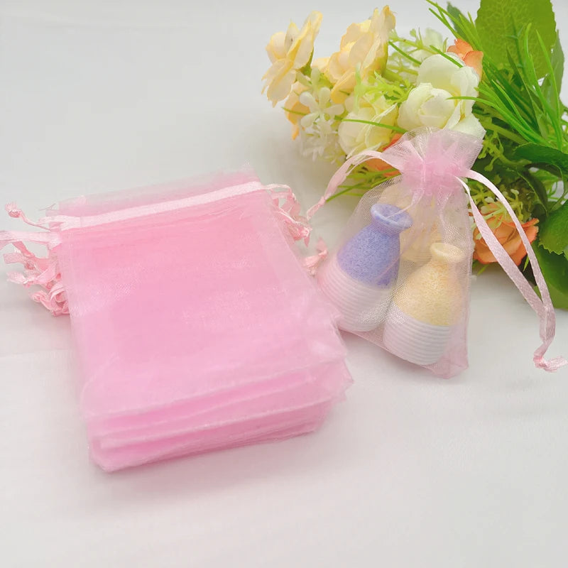 100pcs Pink Gift Bag Drawstring Organza Pouch for Wedding Favors Sachet Jewelry Packaging Storage Candy Christmas Party Supplies