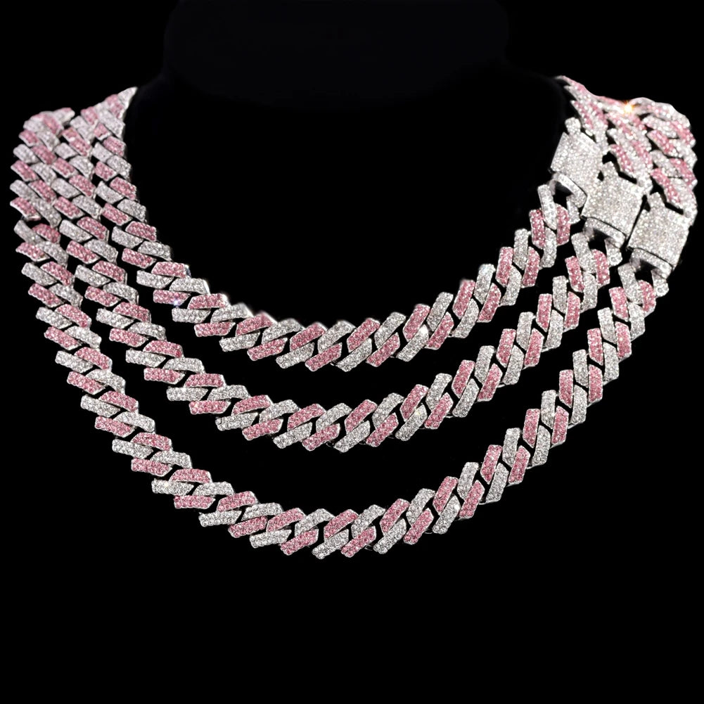 Trendy Pink Rhinestone Prong Cuban Link Chain Iced Out AAA 14MM Cuban Chain Necklace For Men Women Hiphop Jewelry Gift Wholesale