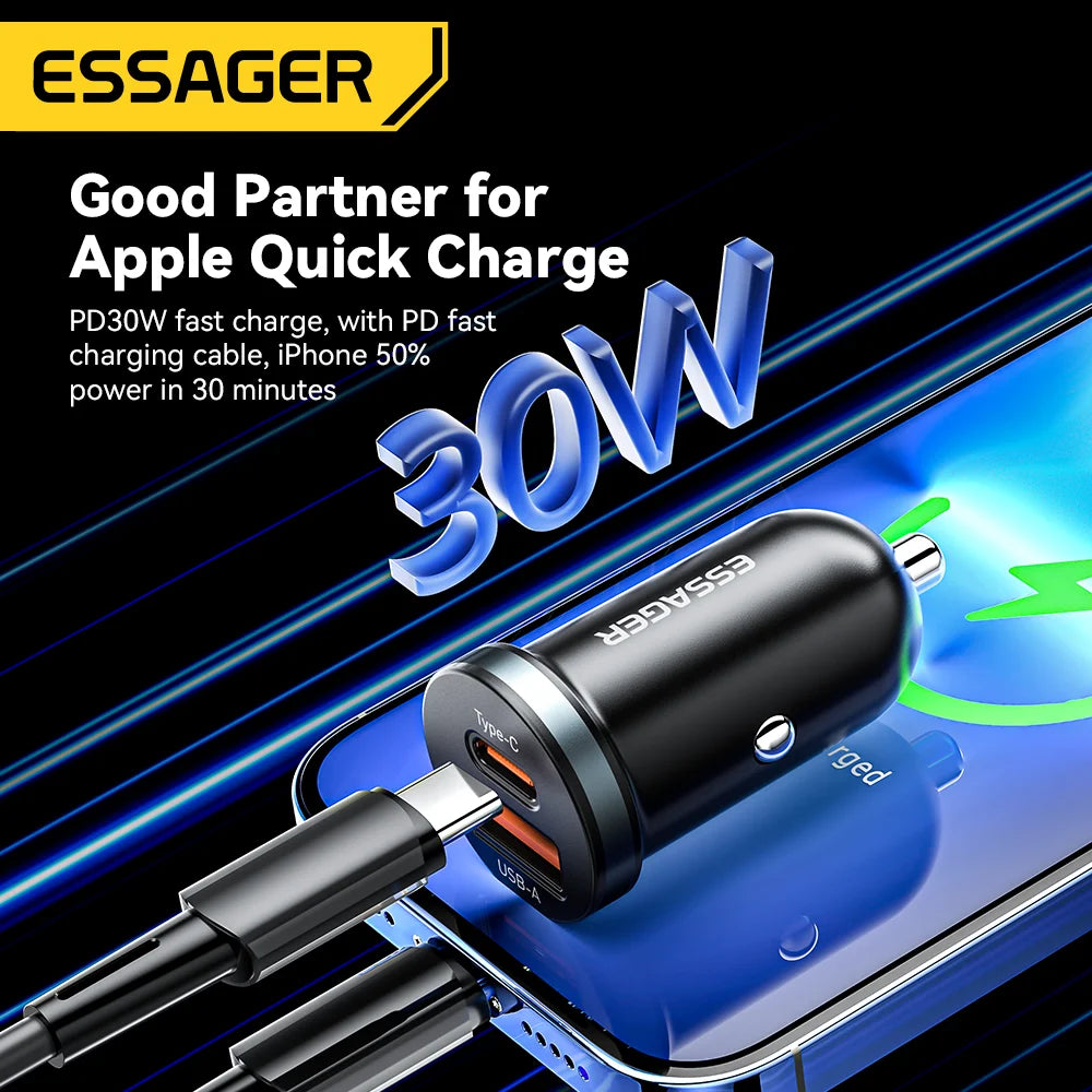 شاحن سيارة Essager 30 وات USB C شاحن سريع من النوع C PD QC 3.0 SCP 5A شحن سريع لشحن الهاتف في السيارة لهاتف iPhone وXiaomi وSamsung