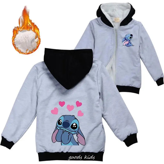 Lilo And Stitch Outdoor Jacket For Children Winter Hooded Warm Windbreaker Casual Baby Boy Velvet Thick Coats Kids Clothing Fur