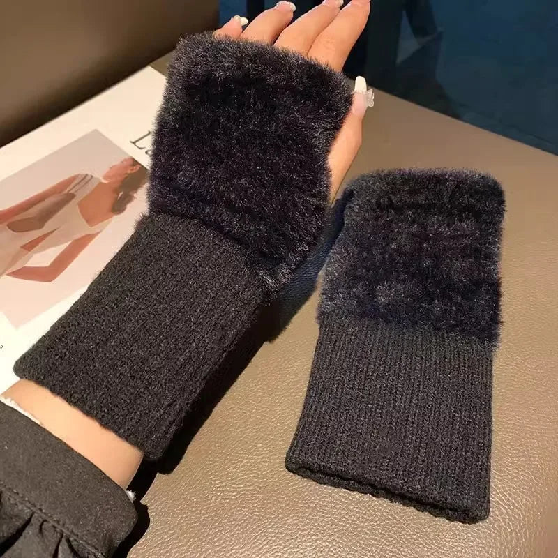 Mink Fleece Soft Winter Half Finger Gloves Women Warm Luxury Solid White Plush Knitted Fingerless Gloves Wrist Mittens Writting