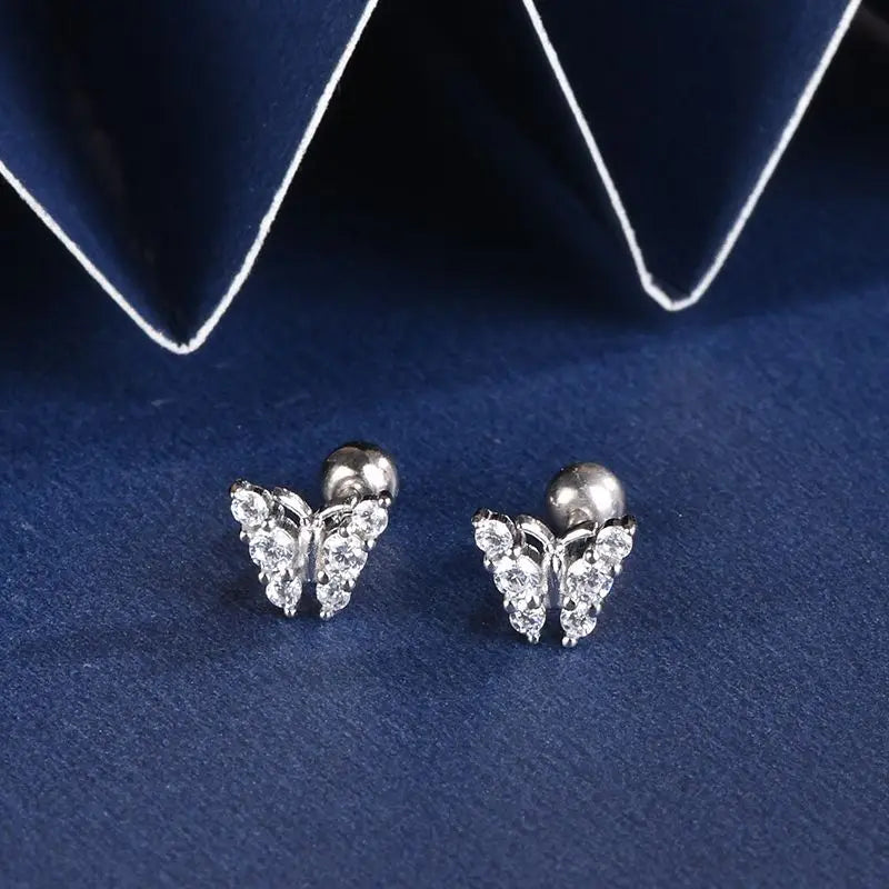 Trendy Silver Screw Back Helix Stud Earrings with Sparkling Cubic Zirconia by Bulbusbow