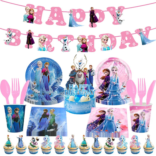 Elsa Frozen Birthday Decoration Frozen Theme Child Party Decor Supplies Tableware Set Plates Cup Tablecloth Background Candy Bag