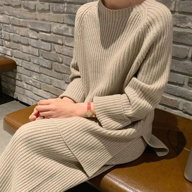 2025 Knitted Sweater Suit for Women | Elegant O-Neck Dress & Wide Leg Pants Set