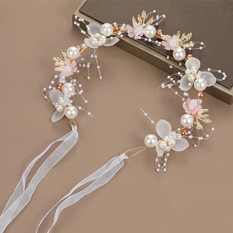 Bulbusbow Sweet Girl Pearl Hair Accessory Romantic Flower Wreath Children's Gift Girl Kawaii Jewelry Fashion Headband Hair Accessory