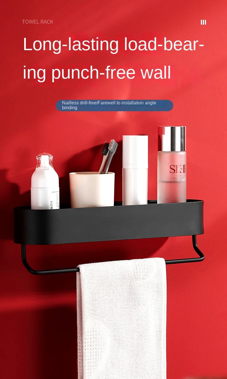 Nordic Bathroom Shelf Rack No Drill Wall Mounted Shelves Bath Towel Holder Black Shower Storage Basket Bathroom Accessories