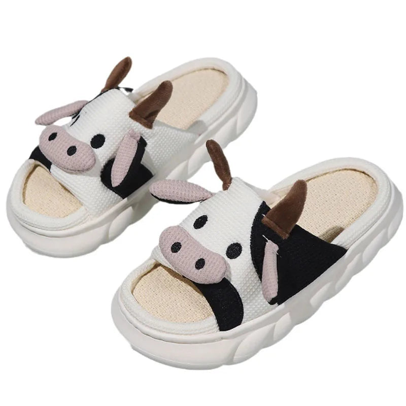 Family home platform slipper cartoon cow trampling shit feeling ladies dormitory four seasons linen slipper man