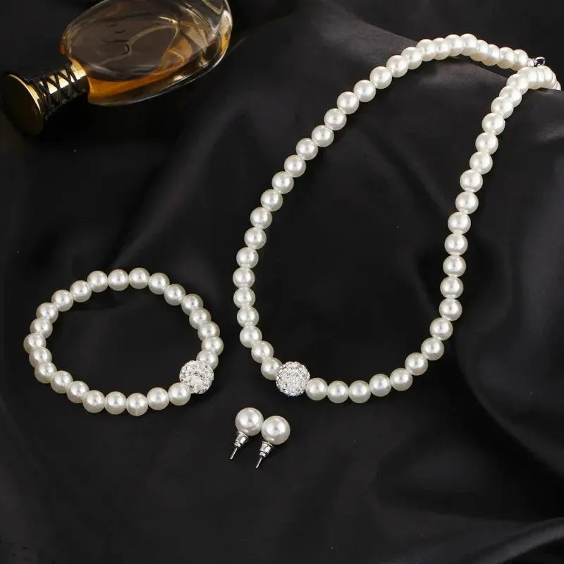 3 PCS Set Imitation Pearl Necklace Bracelet Earring Stud Set Fireball Pearl Beaded Women Luxury Bridal Party Jewelry Set