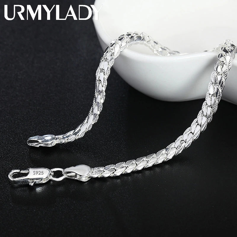 URMYLADY 925 Sterling Silver 2 Piece 6MM Full Sideways Chain Necklace Bracelet For Women Men Fashion Jewelry Sets Wedding Gift