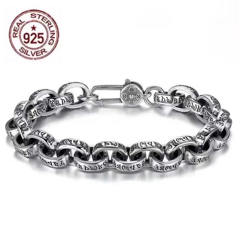 2025 Factory Price 100% Real Solid S925 Silver New Six-Character Mantra Bracelet Men Women Retro Trend Jewelry Gift