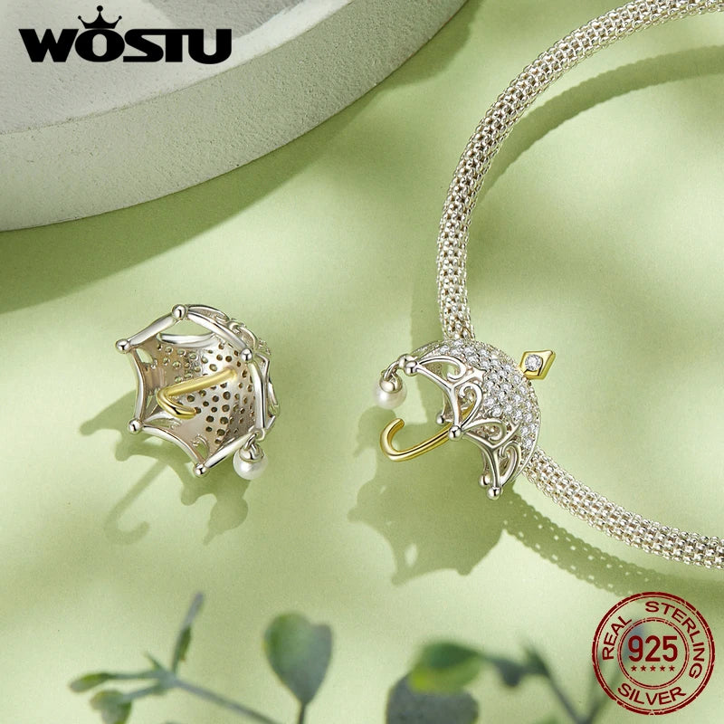 WOSTU Romantic French champagne Charms Umbrella Pendant 925 Sterling Silver 18K Gold Two-Tone Beads Fit DIY Bracelet Necklaces