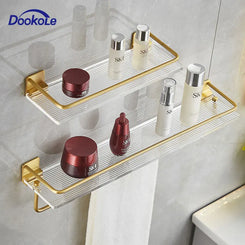 DOOKOLE Bathroom Floating Shelves Gold, Wall Mounted Storage Shelves with Towel Bar for Bathroom, Kitchen, Bedroom