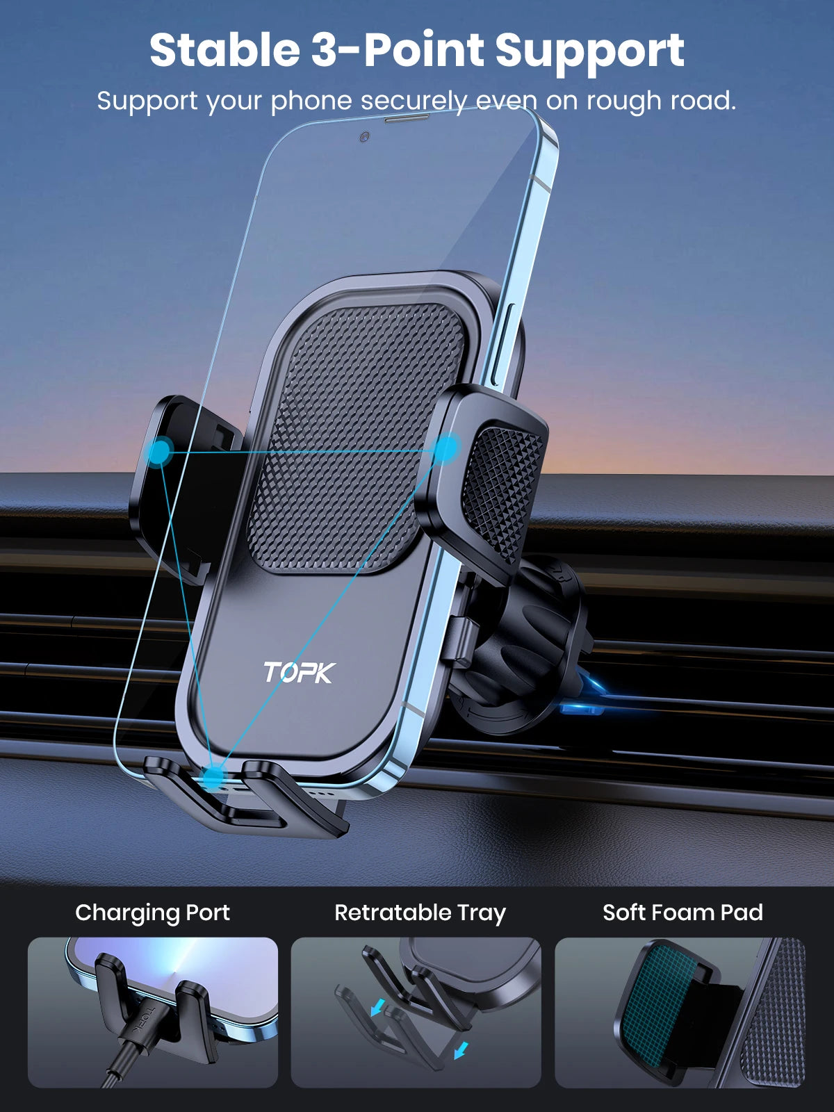 TOPK Car Phone Holder for Car with Hook Clip Air Vent Car Phone Mount 360° Rotation Universal Mobile Phone Mount for Smartphone