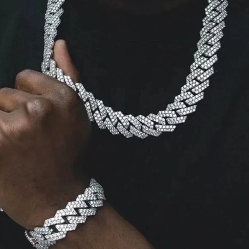 20MM Men Hip Hop Prong Cuban Link Chain Necklace Bling Iced Out 2 Row Rhinestone Paved Miami Rhombus Cuban Necklaces Jewelry