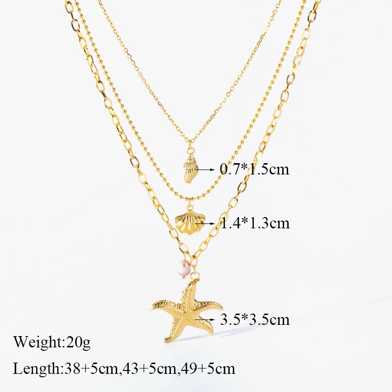 EILIECK 316L Stainless Steel Starfish Conch Shells Pearl Pendant Necklace For Women New 3in1 Choker Chains Jewelry Lady Gift