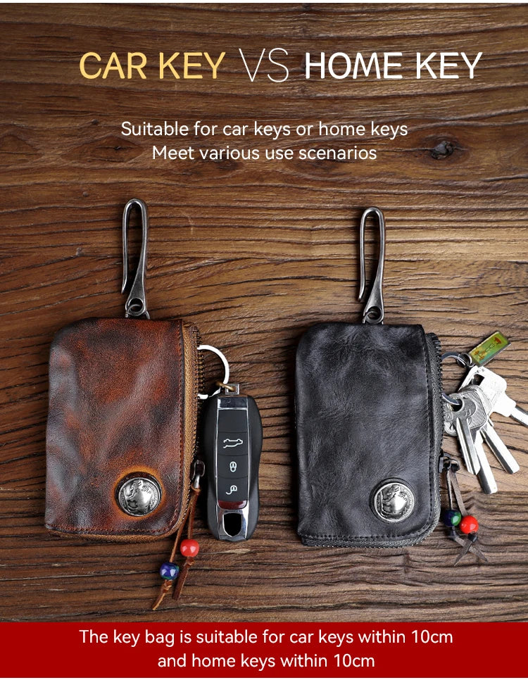 Vintage Cow Leather Coin Purse for Men Handmade Genuine Leather Change Pouch Key Holder Card Slot Storage Bag with Zipper