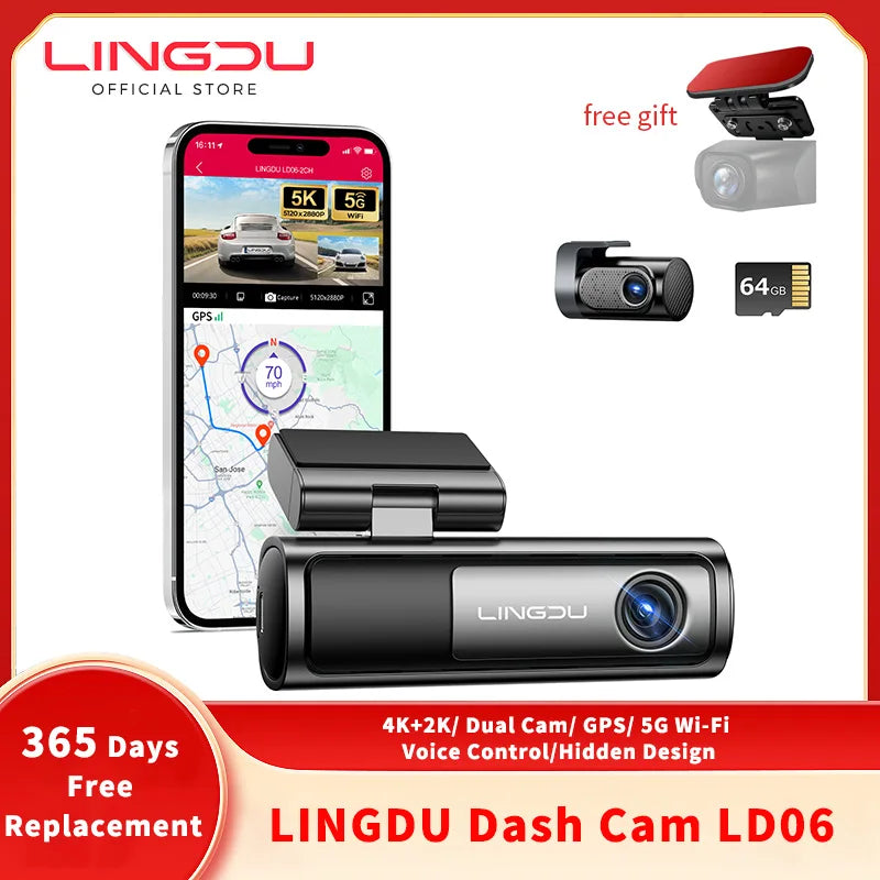 LINGDU 5K 行车记录仪 LD06 前置摄像头 内置 WiFi GPS 摄像头 车载 DVR 录像机 WDR 夜视 24H 停车 汽车配件