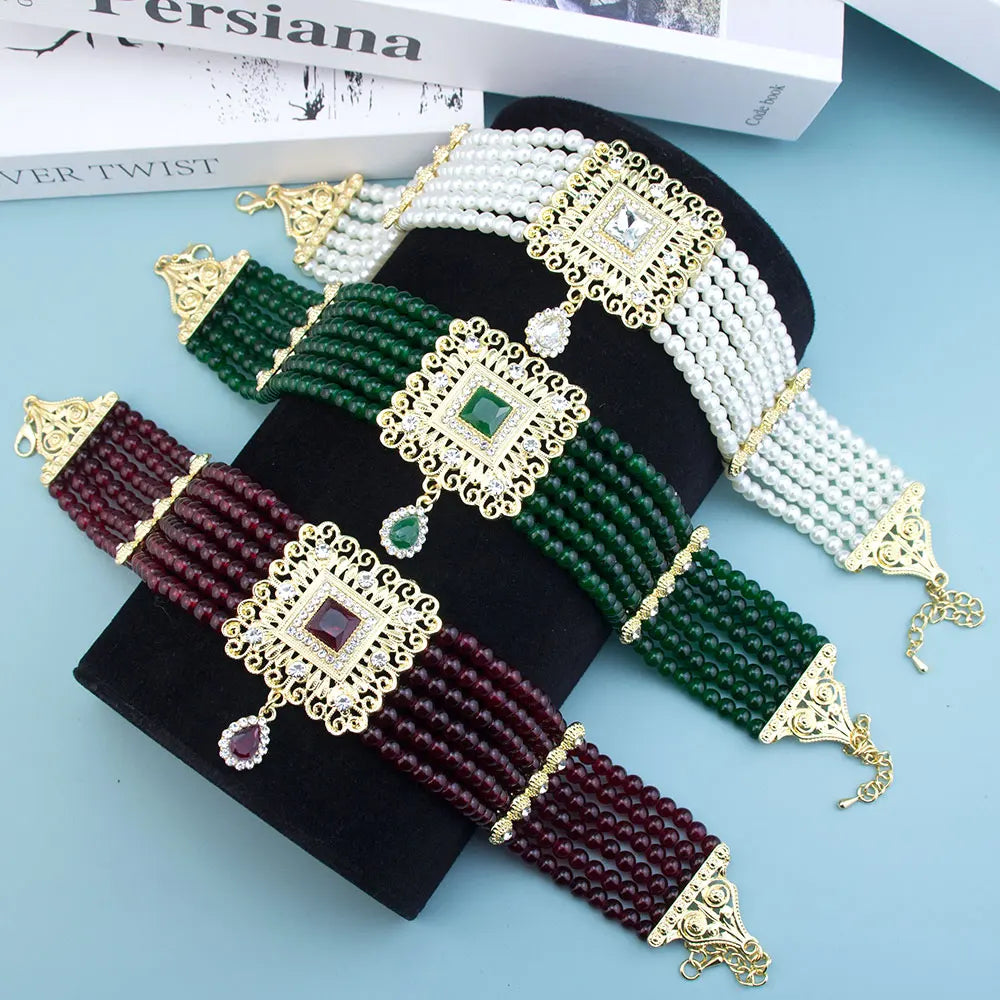 Sunspicems Moroccan Jewelry Women Beads Choker Necklace Algeria Bride Wedding Jewelry Arabic Square Pendant Hand Beaded Chain