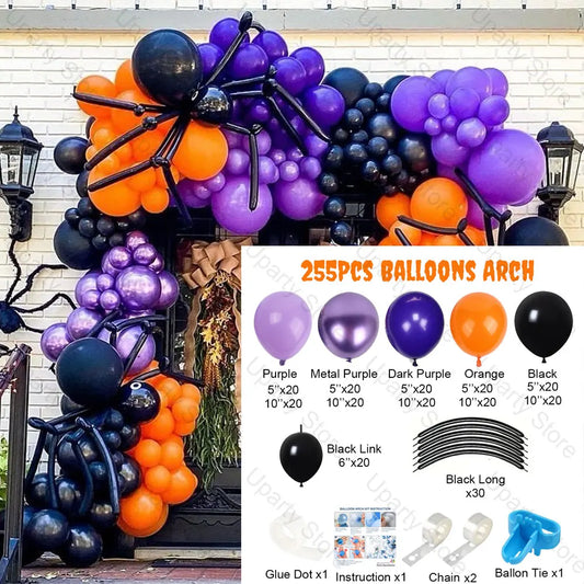 255Pcs Halloween Balloons Arch Metal Purple Lotus Orange Black Spider Balloon Garland for Birthday Halloween Home Party Decorati