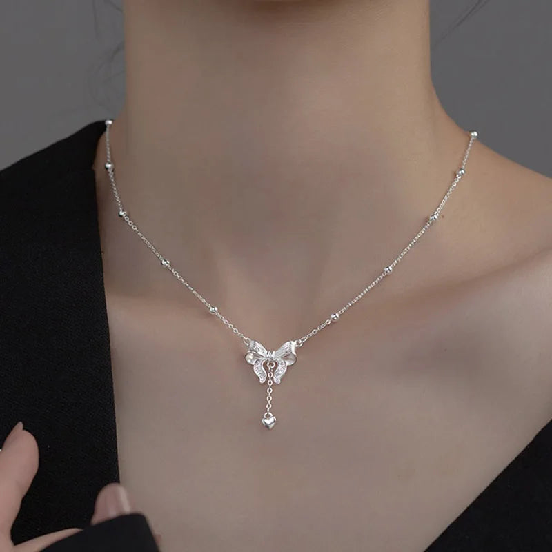 925 Sterling Silver Exquisite Bow Heart Pendant Necklace Beads Chain Luxury Fine Accessories For Women Wedding Party Gifts NK181