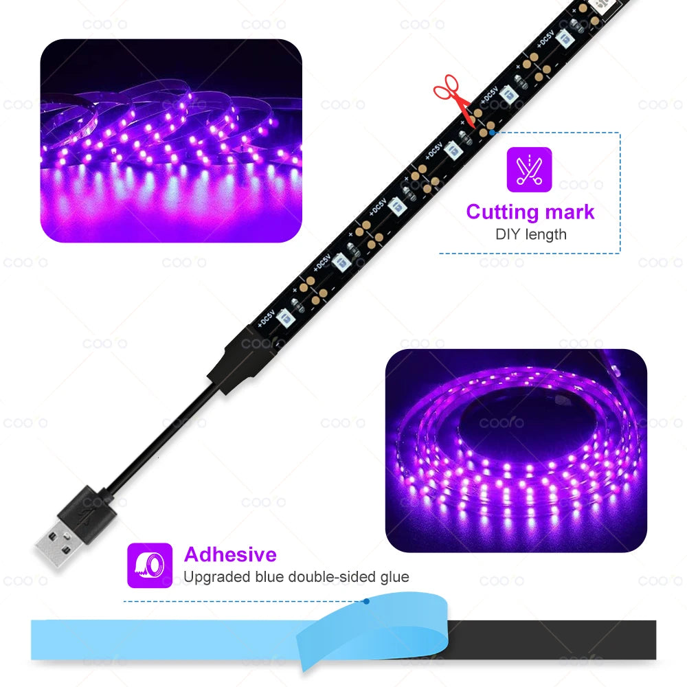 UV LED Strip Light 2835 SMD Purple Flexible Ribbon 395-405nm Ultraviolet Black Light Strip for Halloween Fluorescence Dark Party