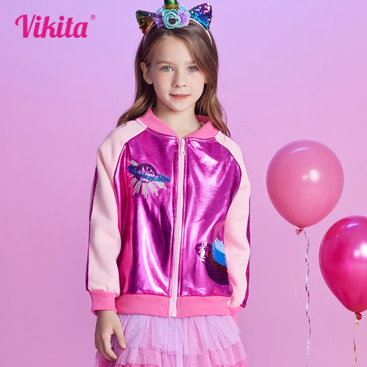 VIKITA Girls Autumn Winter Outerwear and Jackets Kids Cosmos Sequined Appliqued Fashion Casual Zipper Jacket Children Clothes