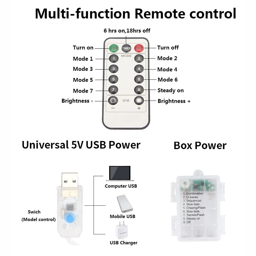 10 متر/20 متر LED USB/بطارية أضواء خرافية نحاسية إكليل عيد الميلاد مع جهاز تحكم عن بعد مصباح سلسلة لحفلات الزفاف والتخييم والمنزل