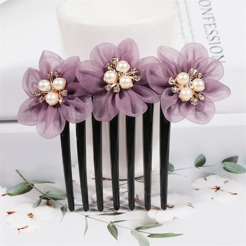 Fashion Flower Inserted Comb Hair Accessories for Women Retro Elegant Silk Seven Tooth Hairpin Mom's Headwear Tiara Hair Clips