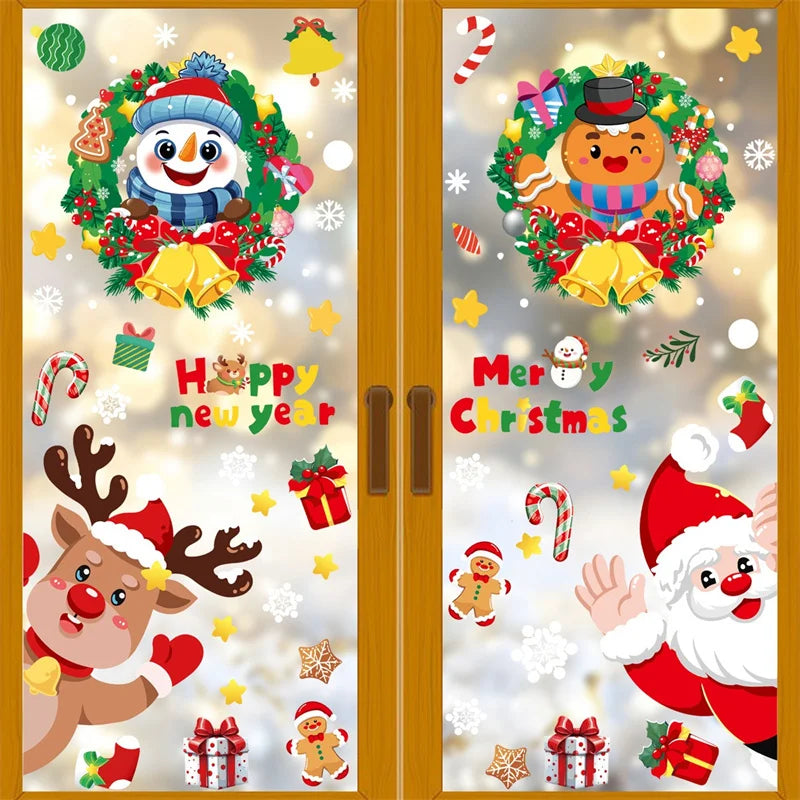 Merry Christmas 2024 Window Decoration Stickers Electrostatic Glass Decals Santa Claus Snowman Snow Flake Pattern Xmas Ornaments