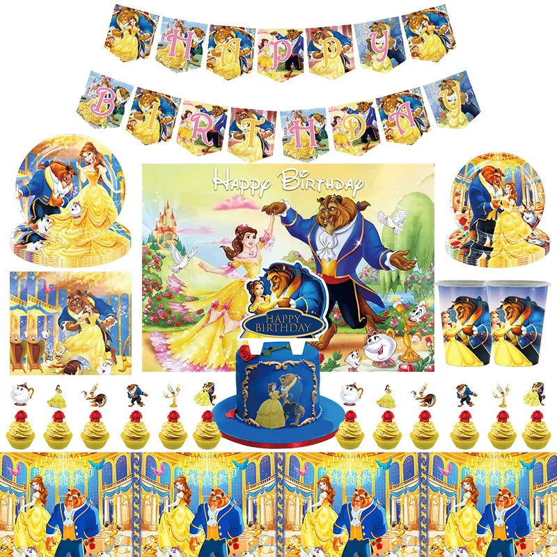 The Beauty And Beast Birthday Decorations Disny Belle Princess Party Supplies Balloon Backdrop Banner Tableware Kit Plates Cups