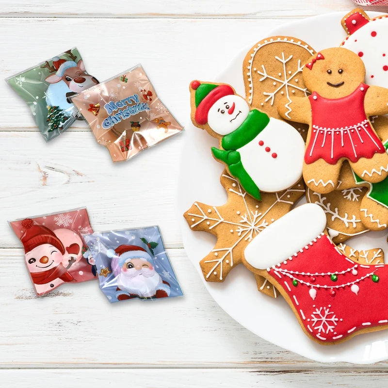 100pcs Christmas Candy Cookie Bags Self-Adhesive Gift Packaging Biscuit Snack Baking Bag Navidad Xmas Supplies New Year Party