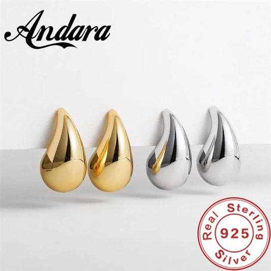 925 Sterling Silver 18K Gold Plated Chunky Dome Water Drop Earring for Women Vintage Glossy Thick Teardrop Hoop Earrings Jewelry