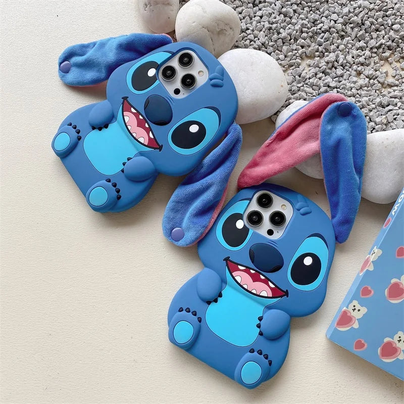 Bandai 3D Silicone Cartoon Phone Case Stitch For iPhone 14 13 12 11 15 Pro Max Fluffy Fur Plush Ear Stitch Cover Men Kids Gift