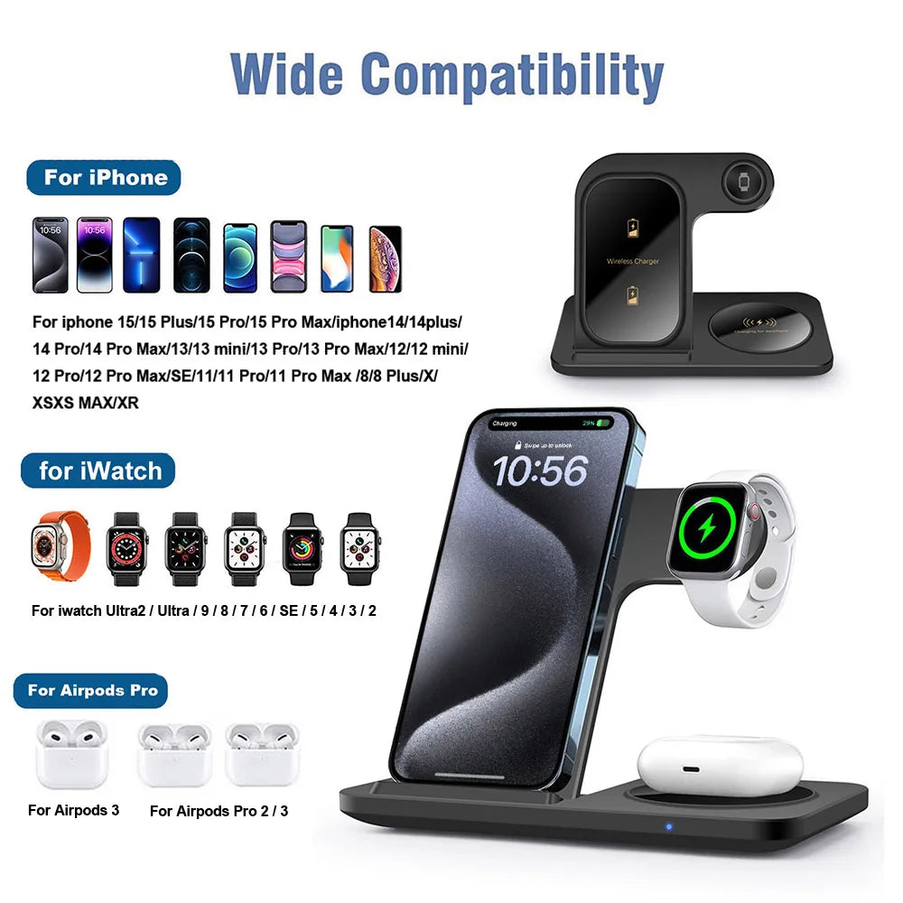 3 in 1 Foldable Wireless Charger Stand for iPhone 15 14 13 12 11 Apple Watch 9 8 7 Airpods Pro 2 3 Fast Charging Dock Station