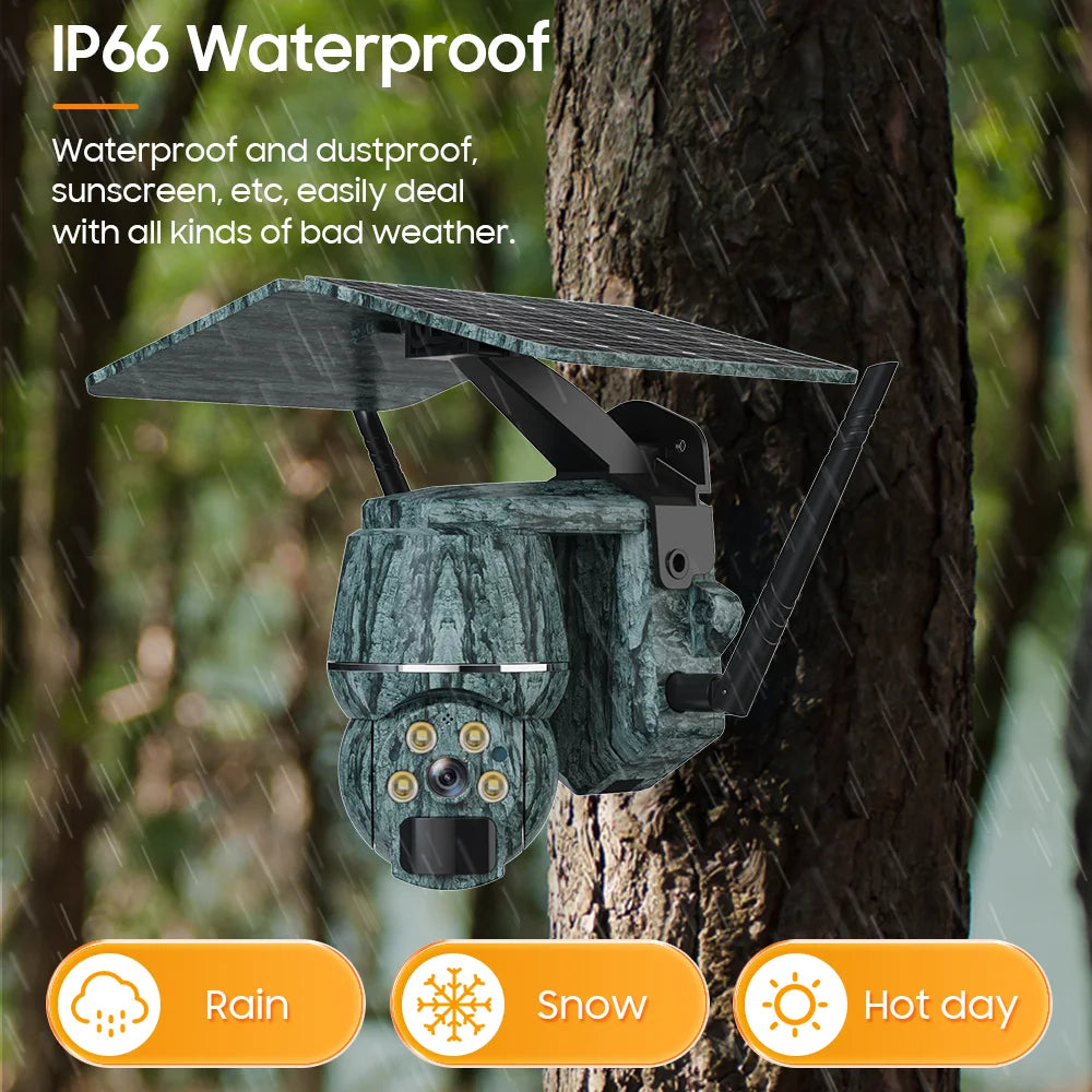 كاميرا مراقبة خارجية تعمل بالطاقة الشمسية بدقة 2K 5MP HD 4G SIM/WIFI للحياة البرية PTZ رؤية ليلية اكتشاف الإنسان/الحيوان مراقبة أمان كاميرا صيد IP