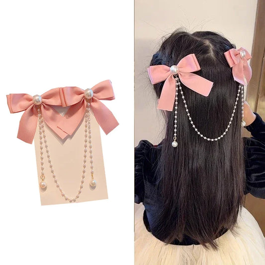 Elegant Pearl Bow Tassel Hair Clip Solid Velvet Hair Claw Children Princess Best Hairpins New Fashion Beauty Hair Accessories