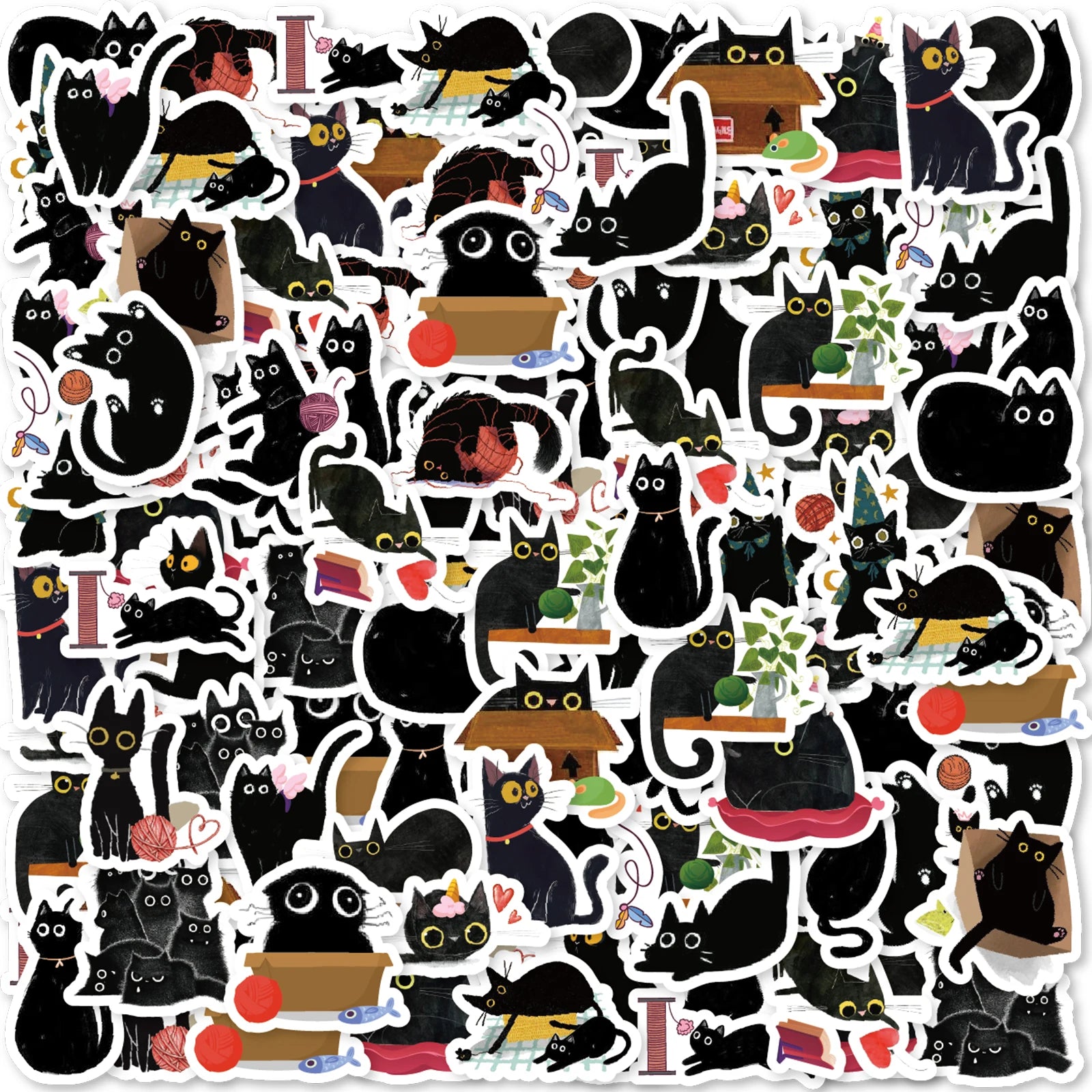 Etori Life 45pcs/Box Black Cat Stickers Waterproof DIY Computer Washi Scrapbooking for Water Battle Creative Stationery