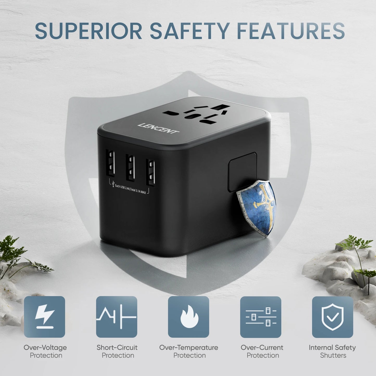 Bulbusbow Universal 65w Travel Adapter with 2 USB Ports and 3 Type-C Fast Charging for Worldwide Travel