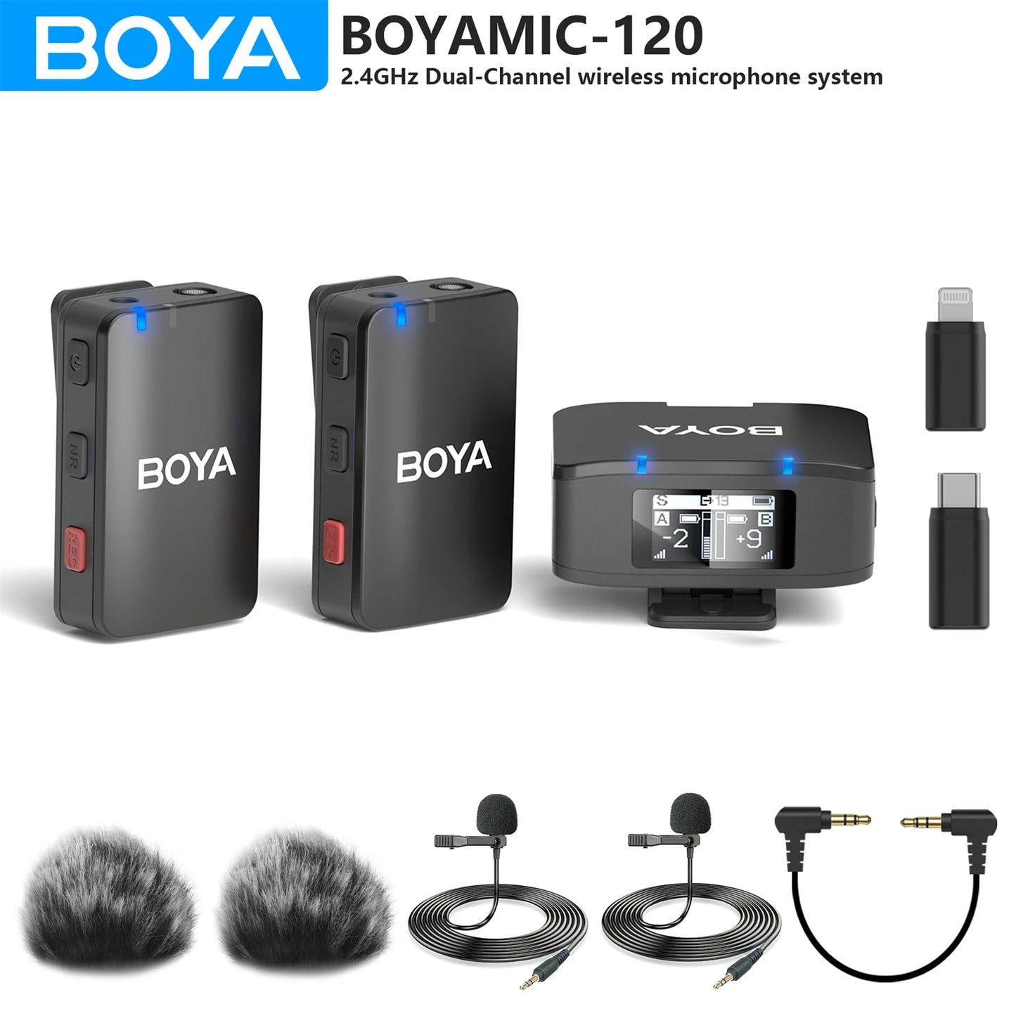 BOYA BOYAMIC-120 Wireless Lavalier Microphone for iPhone Android USB-C Devices DSLR Camera Live Streaming Video Recording Gaming