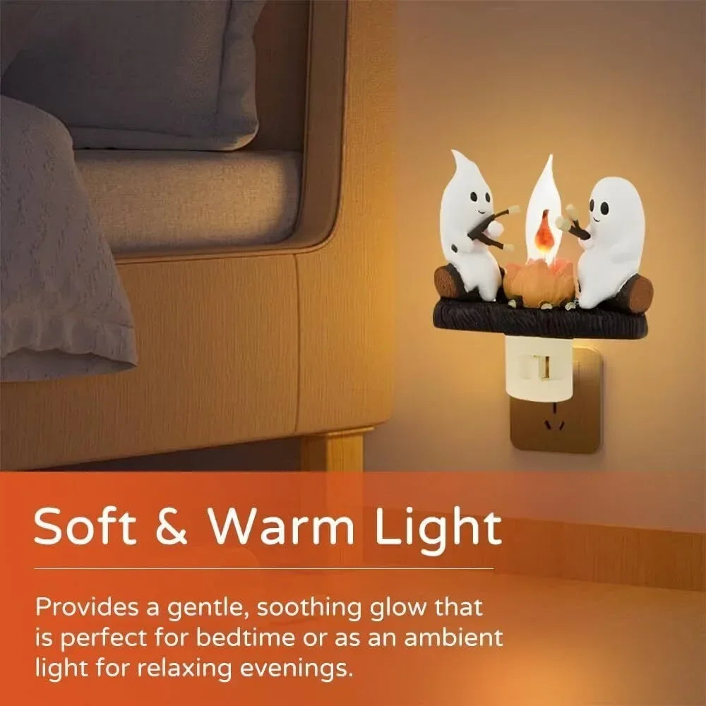 Ghost Campfire Flickering Night Light 3D LED Ghosts Campfire Flicker Flame Nightlight Halloween Gifts for Family Friends Kids