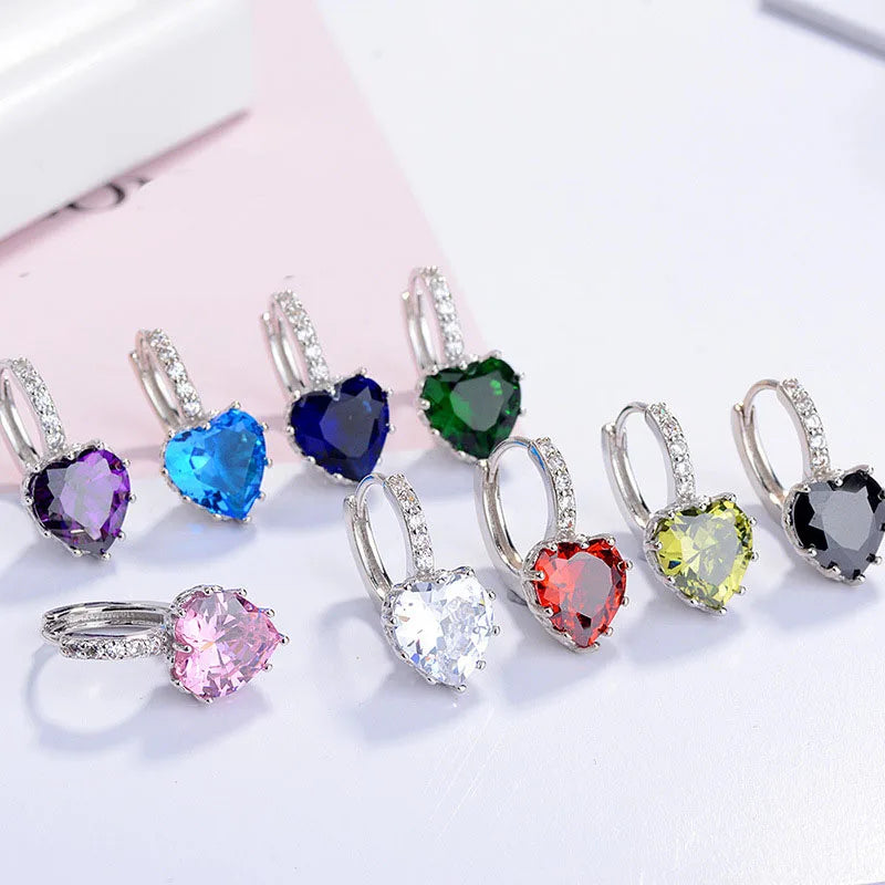 Cute Colorful Heart Real Pure 925 Silver Needle Jewelry Cubic Zirconia Stone Earrings Fashion Women Favourites Earring