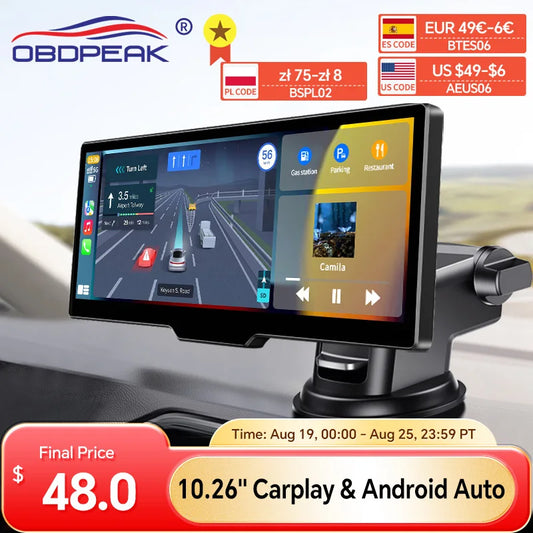 OBDPEAK T20 10.26 英寸行车记录仪后视摄像头 Carplay 和 Android Auto 智能播放器 GPS 导航汽车 DVR FM 后视镜监视器