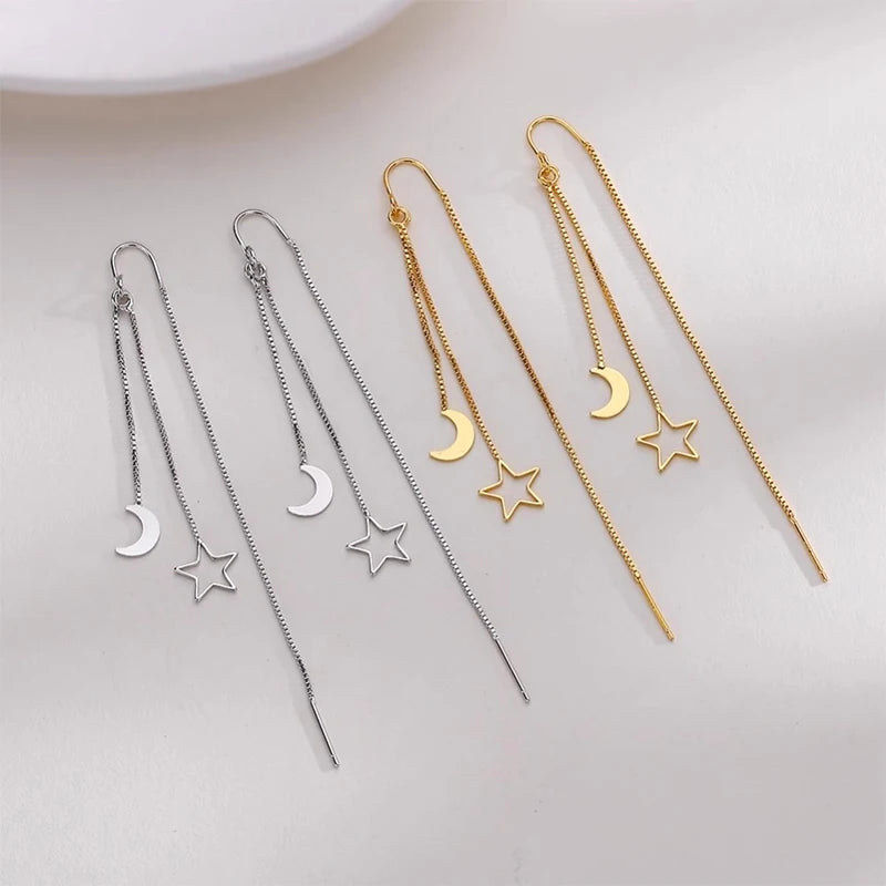 925 Sterling Silver Star Moon Earrings Women's Tassels Simple Long Cut Out Temperament Earrings Fashion Jewelry Accessories