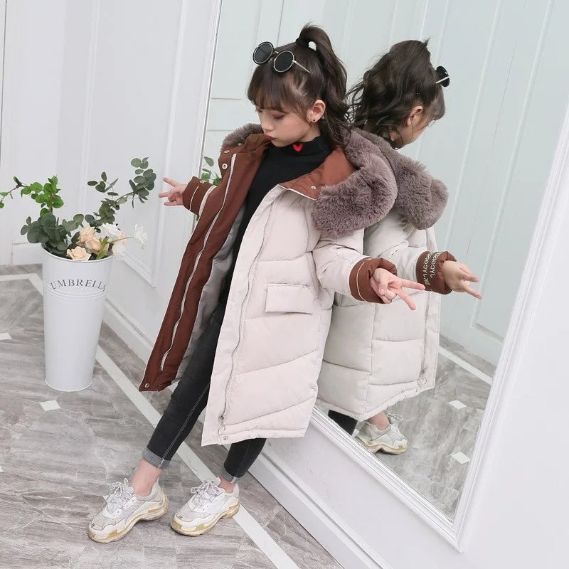 New Girls clothing Winter Warm down Cotton Jackets Children parka faux Fur Collar Coat Girl Thicken overalls Hooded kids Clothes