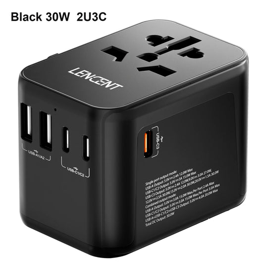 Bulbusbow Universal 65w Travel Adapter with 2 USB Ports and 3 Type-C Fast Charging for Worldwide Travel