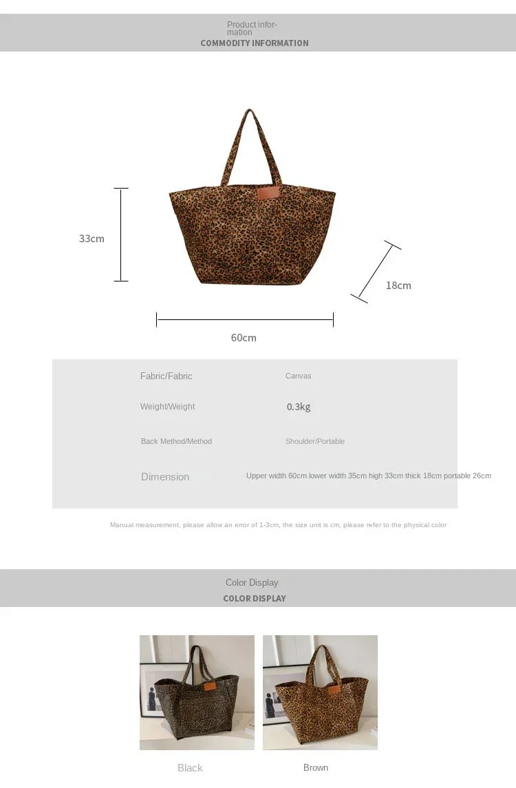 Oversized Leopard Prints Shoulder Bags for Women Deformable Canvas Large Capacity Shopping Totes 2024 Winter New Luxury Handbags