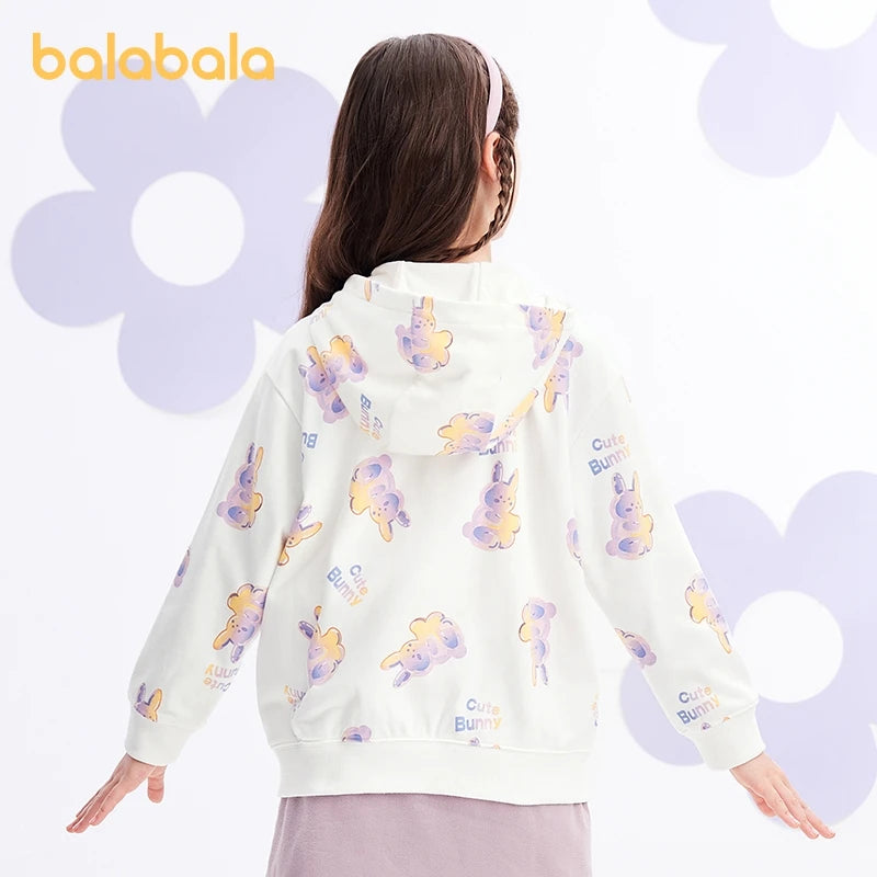 Balabala Kids Girl Jackets Spring and Autumn Hooded Rabbit Print Sweet Knitted Long-Sleeve Jacket