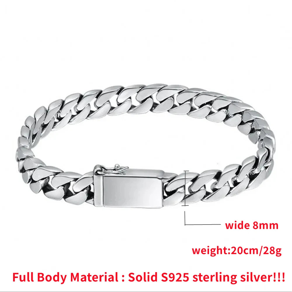 100% S925 Sterling Silver Bracelet 8MM Punk S925 Silver Jewelry Never Fade Carry certificate Men Women Jewelry Gifts