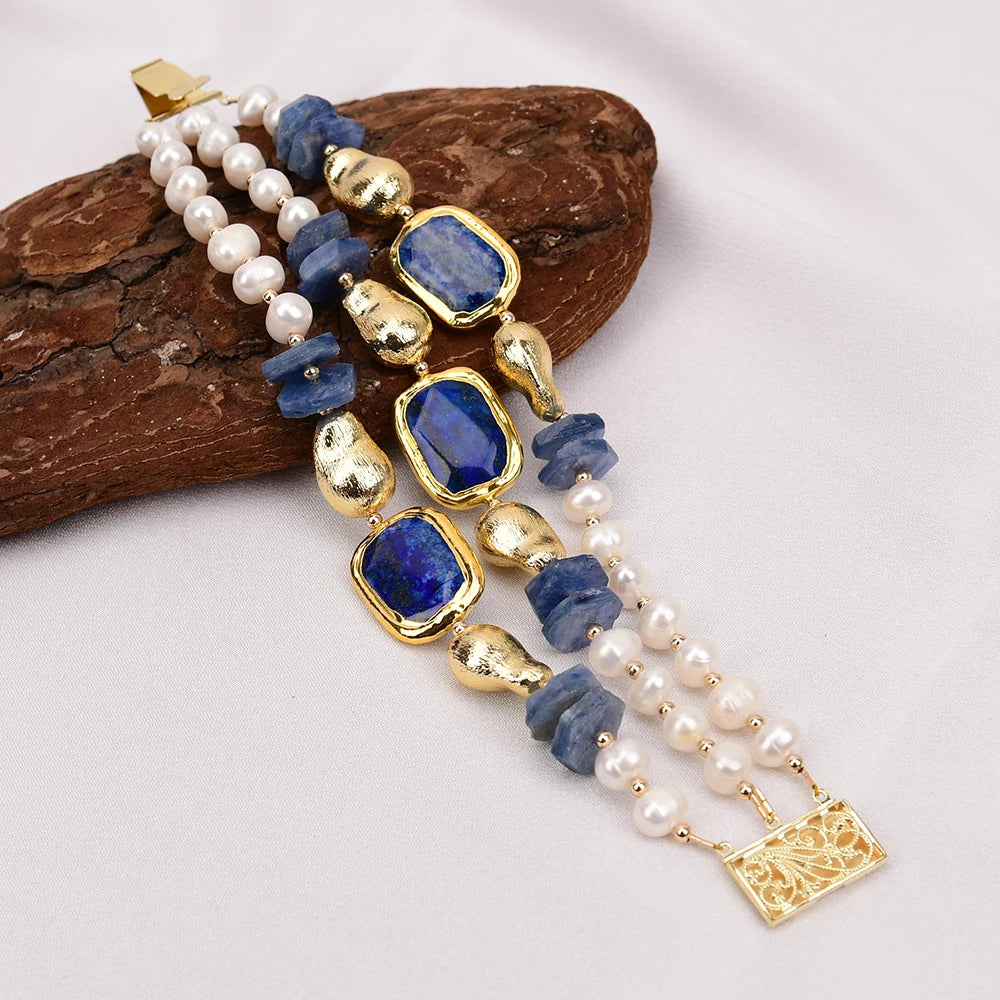 GG 3 Rows Natural Kyanite Gems White Pearl Gold Plated Blue Lapis lazuli Brushed Beads Bracelet 8'' For Lady